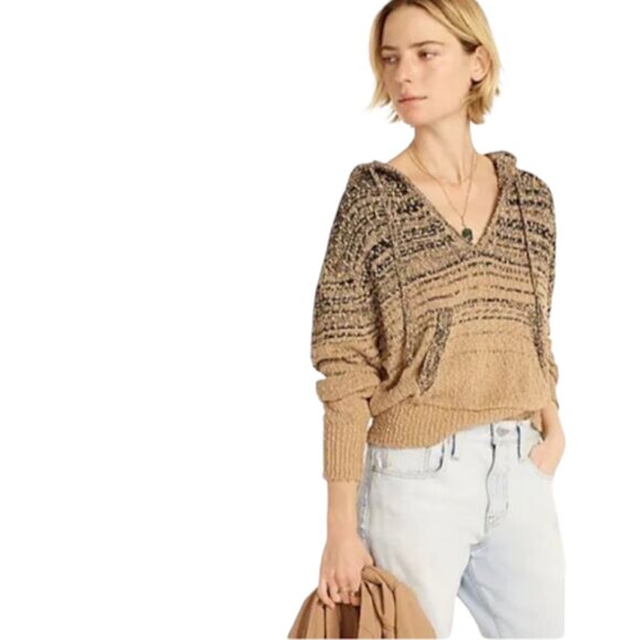 J. CREW | Marled Open Slub Knit Black Brown Ombre Cropped V-Neck Hoodie Sweater - Picture 1 of 15